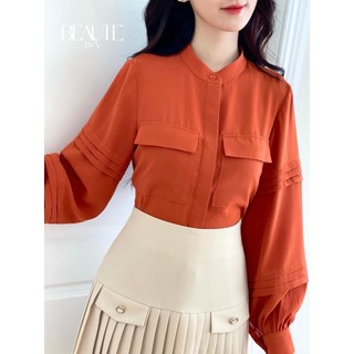 Beautebyv - áo sơmi nữ phối túi ốp kèm xếp li tay olian