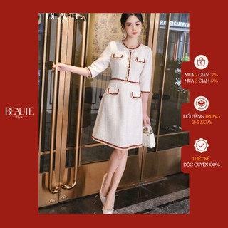 Beautebyv - váy nữ chiết eo phối ren tết be đỏ lunary