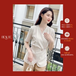 Beautebyv - áo sơmi nữ đắp vạt nhún cách điệu flare