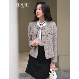 Beautebyv - áo khoác tweed cổ tròn latte