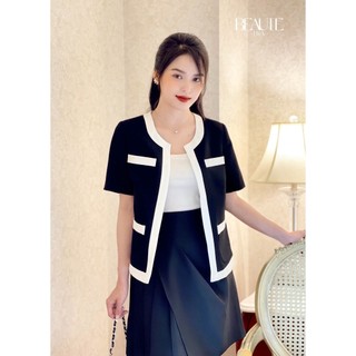 Beautebyv - áo blazer cộc tay nữ đen phối trắng garnet