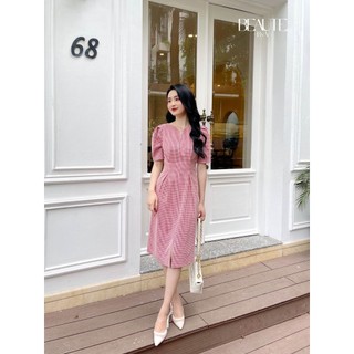 Beautebyv - váy nữ caro đỏ chiết eo candy