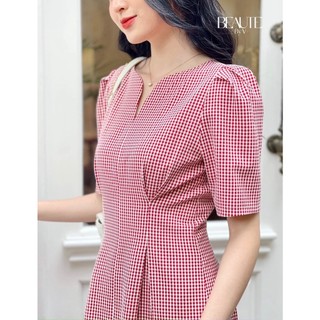 BEAUTEBYV - Váy nữ caro đỏ chiết eo Candy