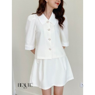 Beautebyv - áo sơ mi nữ cổ sen trắng đính cúc ngọc kim