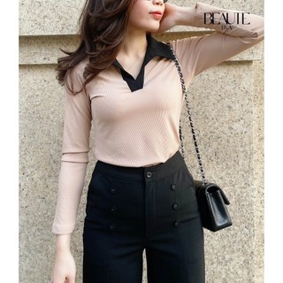 Beautebyv - áo len tăm nữ tay dài phối cổ đen maroon