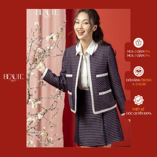 BEAUTEBYV - Áo khoác tweed màu xanh than pha đỏ viền ren trắng trang trí Havie