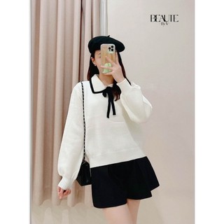 Beautebyv - áo len nữ cổ sen viền đen đính nơ trang trí lacy