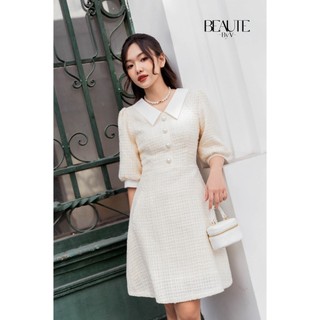 BEAUTEBYV - Váy tweed màu be phối cổ trắng cài khuy ngọc Sis