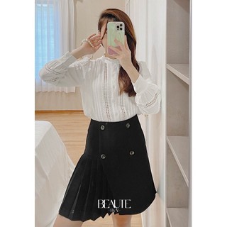 BEAUTEBYV - Chân váy đắp vạt xếp ly đính cúc đồng trang trí Ambi