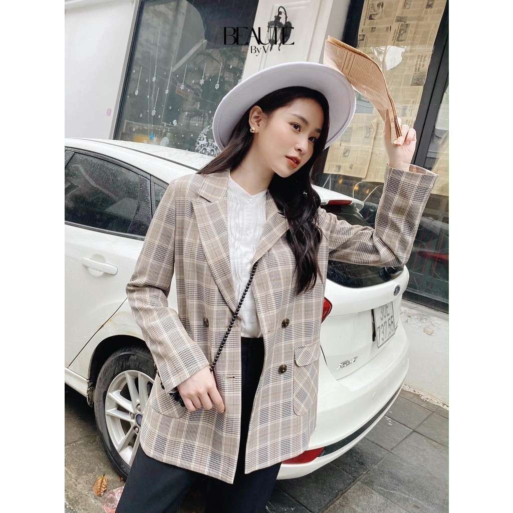 BEAUTEBYV - Áo Blazer kẻ Plaid