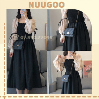 váy nữ [FREESHIP] đầm nữ dài tay kiểu dài tay tiểu thư phối tay buộc nơ ulzzang NUUGOO2
