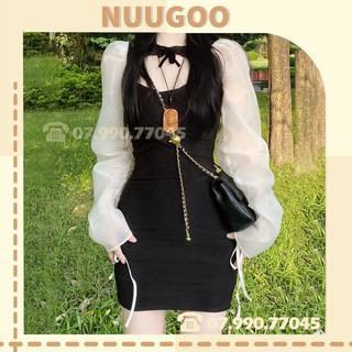 váy nữ họa tiết tay bồng cổ nơ [FREESHIP] đầm nữ sexy tay bồng  sexy phong cách hàn quốc NUUGOO17