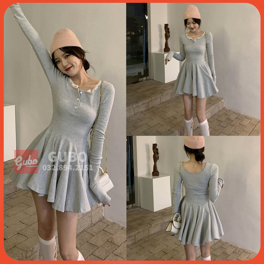 đầm nữ màu xám họa tiết cổ ren dài tay ulzzang GUBO79023