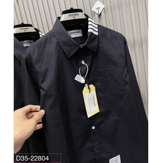 Áo Sơ Mi Đen Nam Thome Dài Tay In 4 Sọc Trắng Cổ Phối Vạch Sọc Dọc Khuy Logo Bụng Vải Lụa Cao Cấp Cho Các Boy Ph