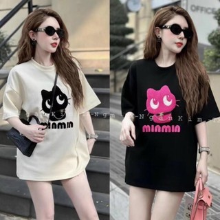 Áo phông cộc tay hình mèo đen/trắng cho nữ