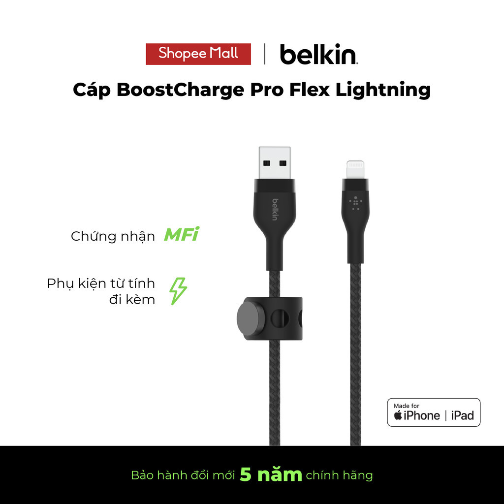 Cáp sạc Lightning BOOST↑CHARGE™ PRO Flex Belkin vỏ silicon bọc dù 60W 1M CAA010