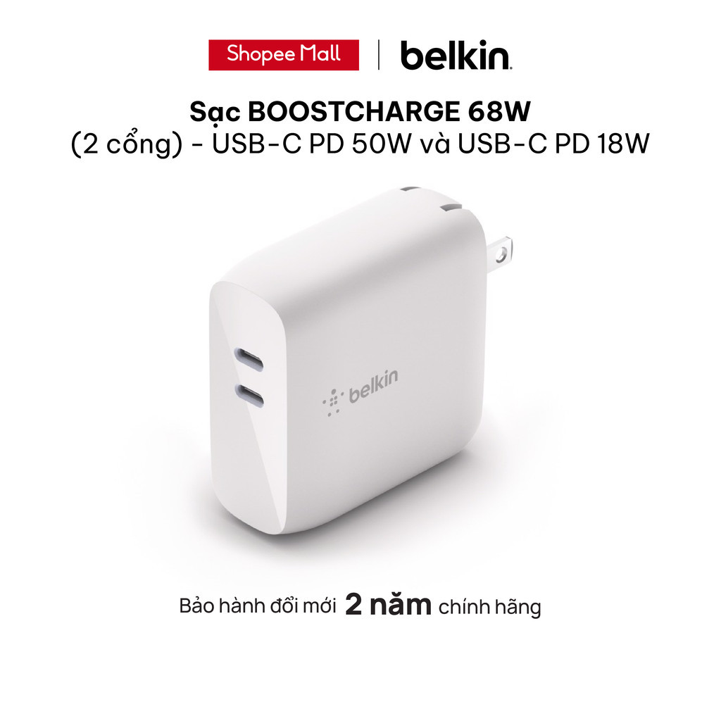 [HÀNG TRƯNG BÀY] Sạc nhanh BOOST CHARGE PRO Belkin 68W USB-C PD GaN (1 PD 50W + 1 PD 18W)