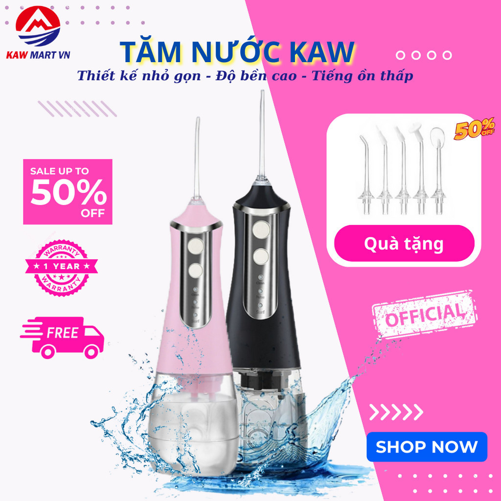 Tăm nước KAW - Hàng Chính Hãng, 3 Chế Độ Phun, Dung Tích 300ml Kèm 5 Đầu Vòi Xịt