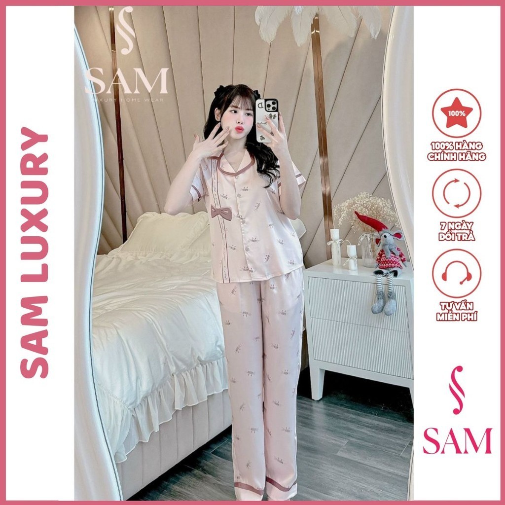 Set đồ ngủ ngắn tay vải lụa Sam luxury , bộ pyjama in họa tiết xinh xắn cho nữ
