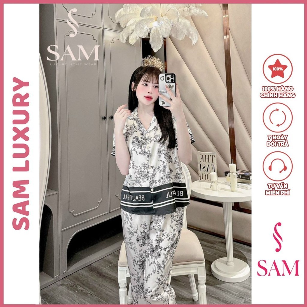 Bộ mặc nhà lụa Sam luxury, pijama lụa tay ngắn quần dài
