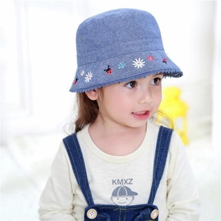 Mũ vành cho bé gái , Mũ cotton trẻ em Miller màu xanh đậm viền thêu hoa size từ 6 tháng đến 5 tuổi
