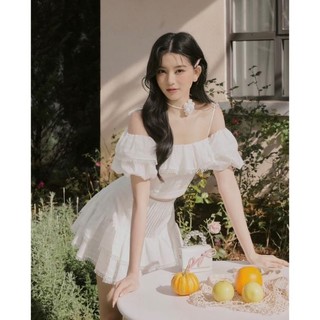 Set trễ vai bèo ren thêu hoa nổi mix chân váy tầng có lót quần siêu xinh c43