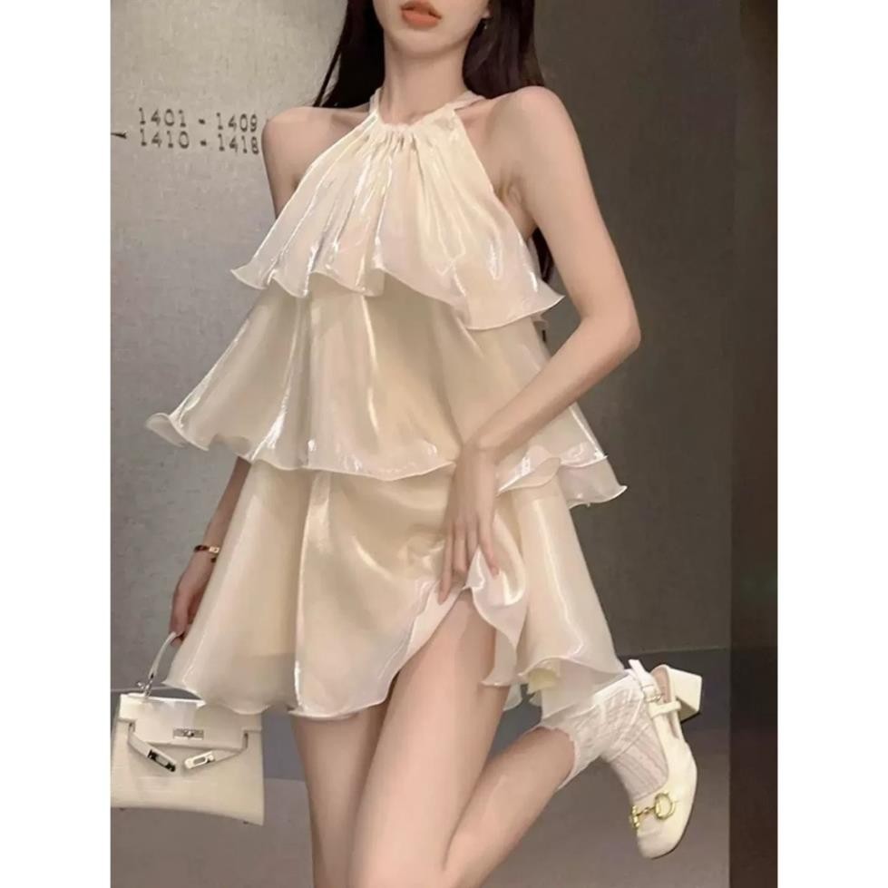 Đầm tơ organza xoè 3 tầng váy sát nách váy yếm tơ óng 3 tầng dây rút buộc sau