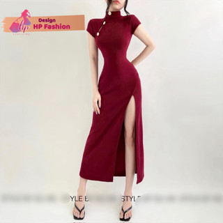 Đầm noel tết đi tiệc cổ tàu xẻ tà maxi dài, váy nữ body xẻ tà thun co giãn mà đỏ đen tôn dáng G546    STYLE