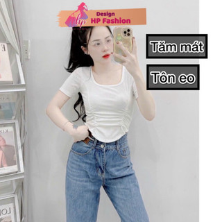Áo cổ vuông nhúm eo body tay ngắn HP FASHIONTREND Áo crt body vạt bầu thun co giãn màu đen trắng tôn dáng G561    STYLE
