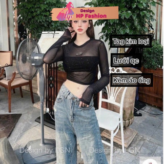 Áo lưới đá ôm body tay dài kèm áo ống quây tag kim loại HP FASHIONTREND áo lưới nữ màu đen thun c mặc thu đông G578    S