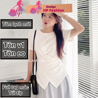 Áo thun xoắn eo nữ tay ngắn tôn eo, áo kiểu cổ tròn màu đen trắng vải tăm lạnh mát co giãn sang chảnh G463    STYLE
