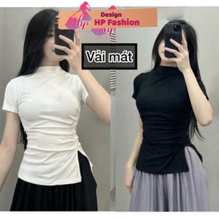 Áo thun nhúm eo xẻ tà, áo nữ cổ lọ cao 3 phân mặc thu đông tôn eo dáng G540    STYLE
