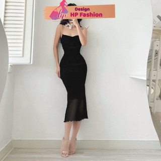Đầm hai dây dáng dài body nữ, váy 2 dây lưới thiết kế màu đen dự tiệc G208    STYLE