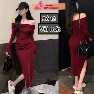Váy trễ vai tay dài xẻ tà body màu đỏ noel tết, đầm nữ nhúm eo hở vai dáng dài tôn dáng sang chảnh G640    STYLE
