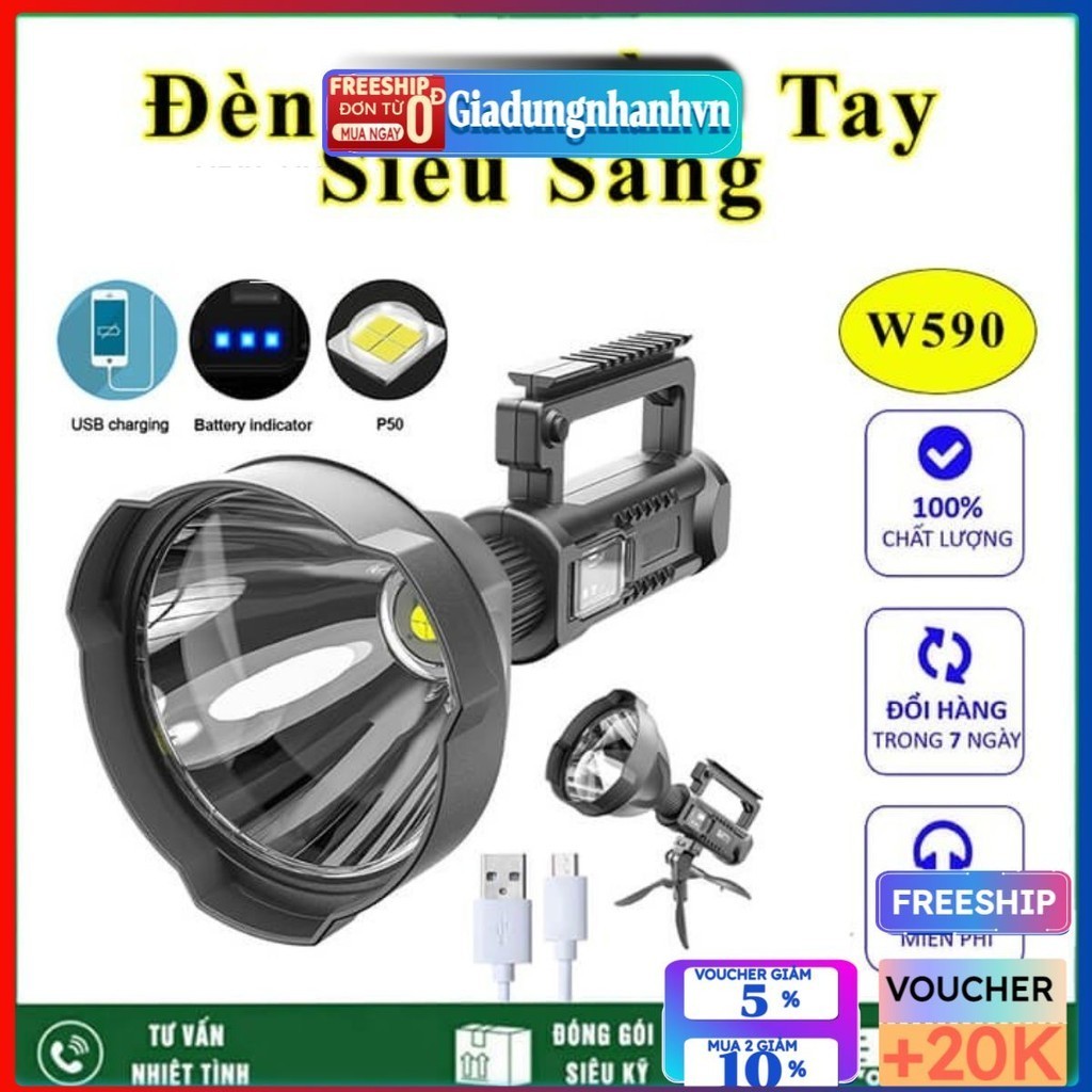 Đèn pin cầm tay siêu sáng chiếu xa 1000m chống thấm nước có chân đế W590 Giadungnhanhvn
