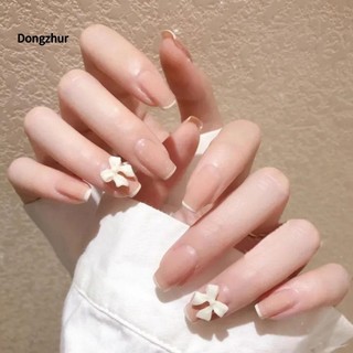 Dongzhur Bộ 24 Móng Tay Giả Ngắn a0c2 Đính Nơ Trái Tim Xinh Xắn