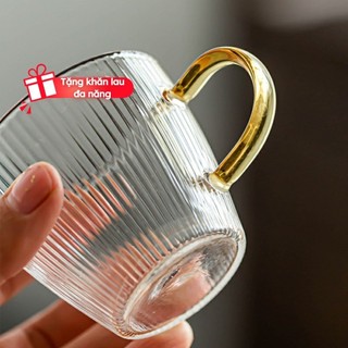 Ly Trà Thủy Tinh Chịu Nhiệt Puka Cốc Thủy Tinh Kẻ Sọc Có Tay Cầm Mầu Vàng Chắc Chắn Phong Cách Hiện Đại Sang Trọng L11