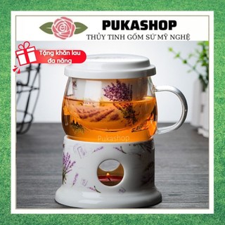 Ly Thủy Tinh Puka Cốc Thủy Tinh Chịu Nhiệt Có Lõi Sứ Tặng Kèm Đế Nến Mini Dùng Pha Trà Detox Trà Hoa Size 350ml BLS01