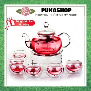 Bộ Ấm Trà Puka Ấm Pha Trà Thủy Tinh Chịu Nhiệt Trong Suốt, Ấm Có Lõi Lọc 6 Ly Tròn 2 lớp Cách Nhiệt Kèm Bếp Nến BAT 11