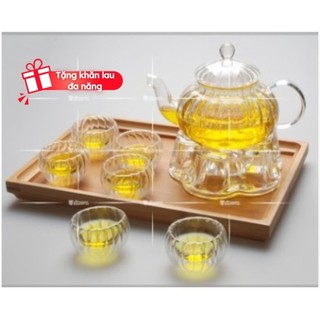 Bộ ấm pha trà thủy tinh chịu nhiệt, kèm khay trúc, tặng nến tealight BAT 3512