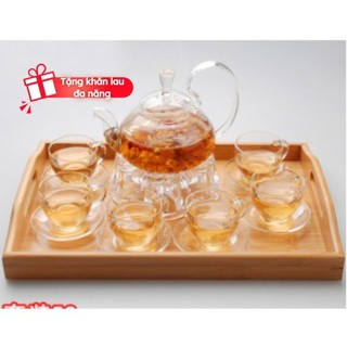 Bộ Ấm Chén Uống Trà Pukashop Bộ Ấm Trà Thủy Tinh Quai Vổng , Ấm Trà Hoa, Bình Trà Thủy Tinh Chịu Nhiệt Kèm Khay BAT 22