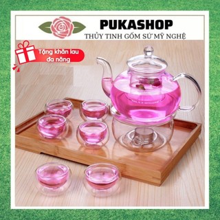 Bộ Ấm Trà Thủy Tinh Đế Nến Chịu Nhiệt Cao Cấp, Bình Trà Có Lõi Lọc Thủy Tinh Trong Suốt Kèm Khay Trúc BAT 11