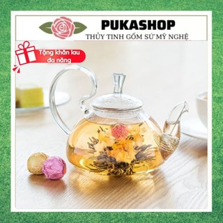 Ấm Trà Thủy Tinh Chịu Nhiệt Puka Bình Trà Có Chặn Đầu Vòi Inox Thiết Kế Quai Vổng Sang Trọng Lãng Mạn Size 600ml A2