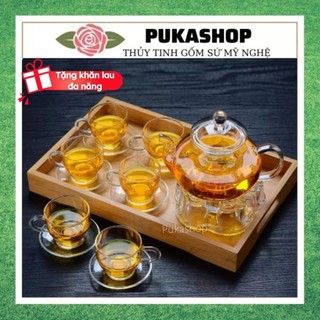 Bộ Ấm Trà Puka Ấm Thủy Tinh Trong Suốt Chịu Nhiệt Tốt Size 600ml 6 Ly Có Quai Kèm Khay Trúc Size Lớn Có Đĩa Lót Ly BAT12