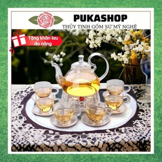 Bộ ấm trà thủy tinh chịu nhiệt ấm quai vổng, ly có quai kèm đia lót ly BAT 222 có đĩa