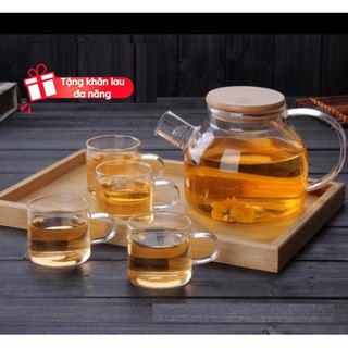 Bộ ấm trà thủy tinh ấm size 1000ml kèm khay trúc BAT 73(4)