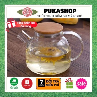 Ấm Thủy Tinh Chịu Nhiệt Cao Cấp, Bình Thủy Tinh Đa Năng, Ấm Thủy Tinh Nắp Gỗ Có Chặn Đầu Vòi Size 1000cml Puka A7