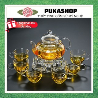Bộ Ấm Trà Thủy Tinh Puka Ấm Thủy Tinh Trong Suốt Chịu Nhiệt Có Lõi Lọc Trà Kèm Bếp Nến Và 6 Ly Thủy Tinh Tặng Khăn BAT12