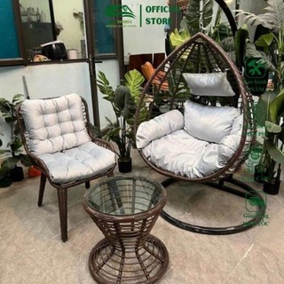 Combo Xích Đu + Ghế + Bàn Mây Khung Kim Loại Sơn Tĩnh Điện Đan Bằng Mây Nhựa Nguyên Sinh /SmartHomesHN