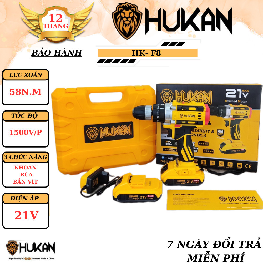 Máy Khoan Cầm Tay Pin HUKAN HK-F8 Có Chổi Than, Khoan pin 3 Chức Năng 25 Cấp Trượt tặng kèm bộ 24 ch